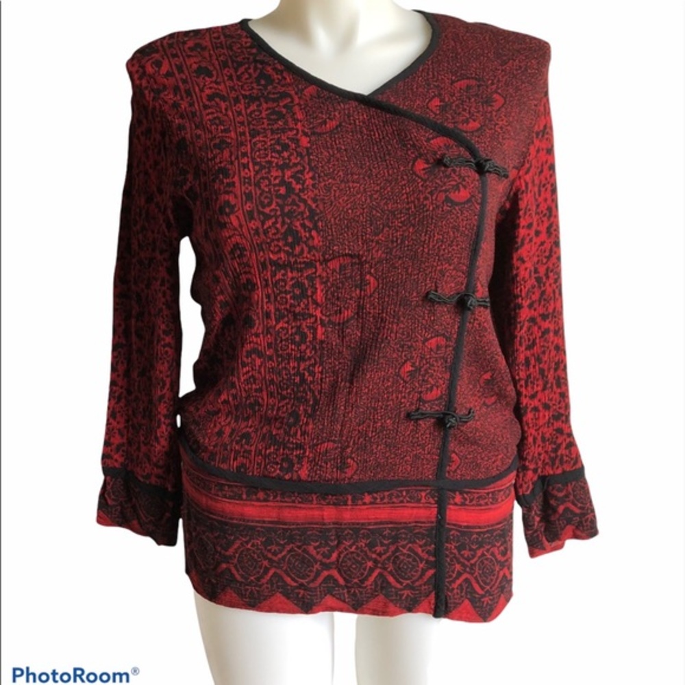 Carole Little Shirt Blouse Size 8 Asian Style Long Sleeve Rayon Red Black Frogs